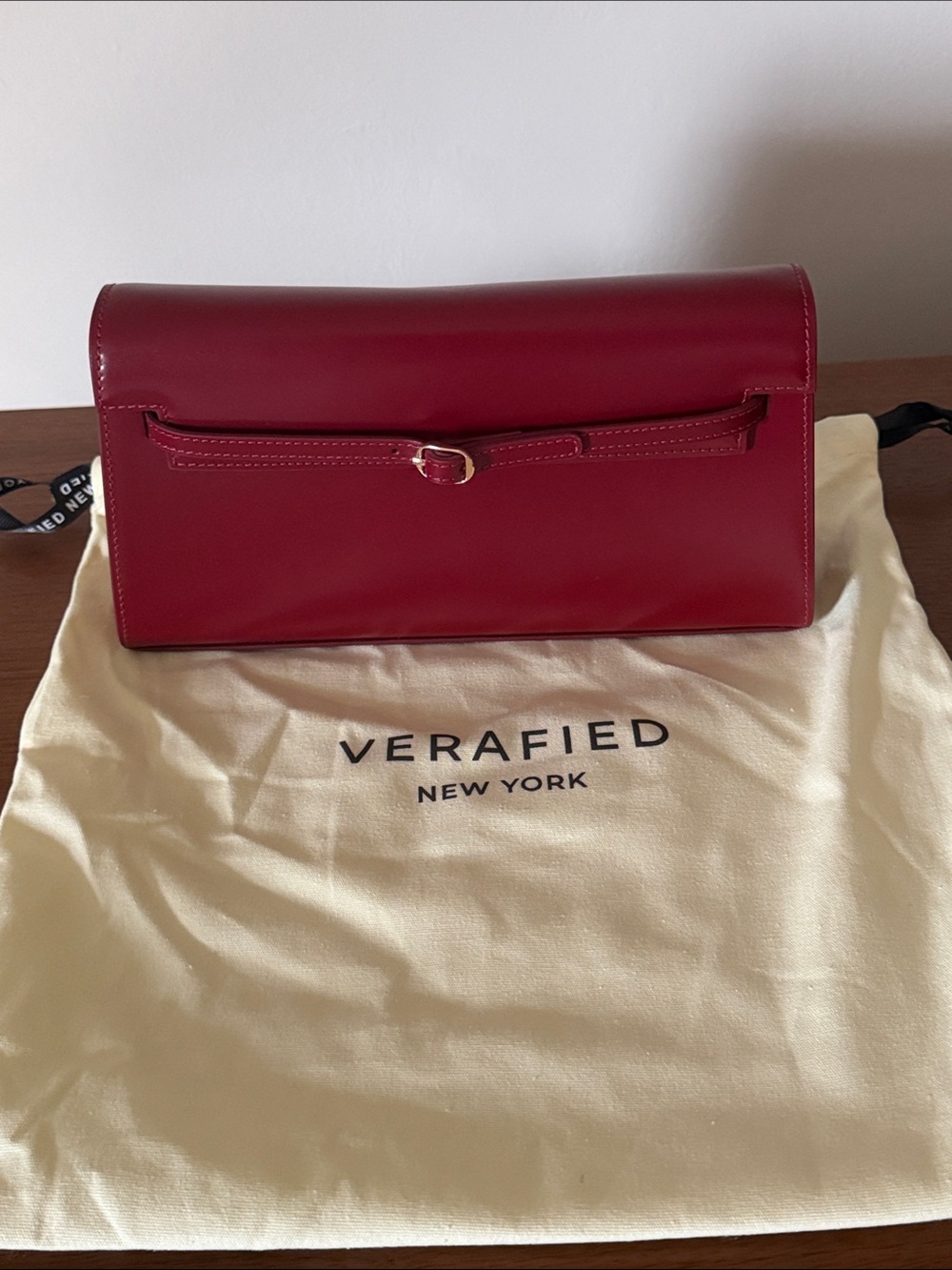 VERAFIED New York Red Leather Clutch with Buckle Detail